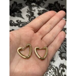 Melania Clara heart huggie earrings with cream enamel and pave